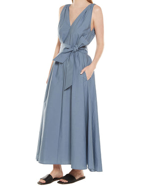 Crystal Blue Monili Shoulder Belted Midi Dress