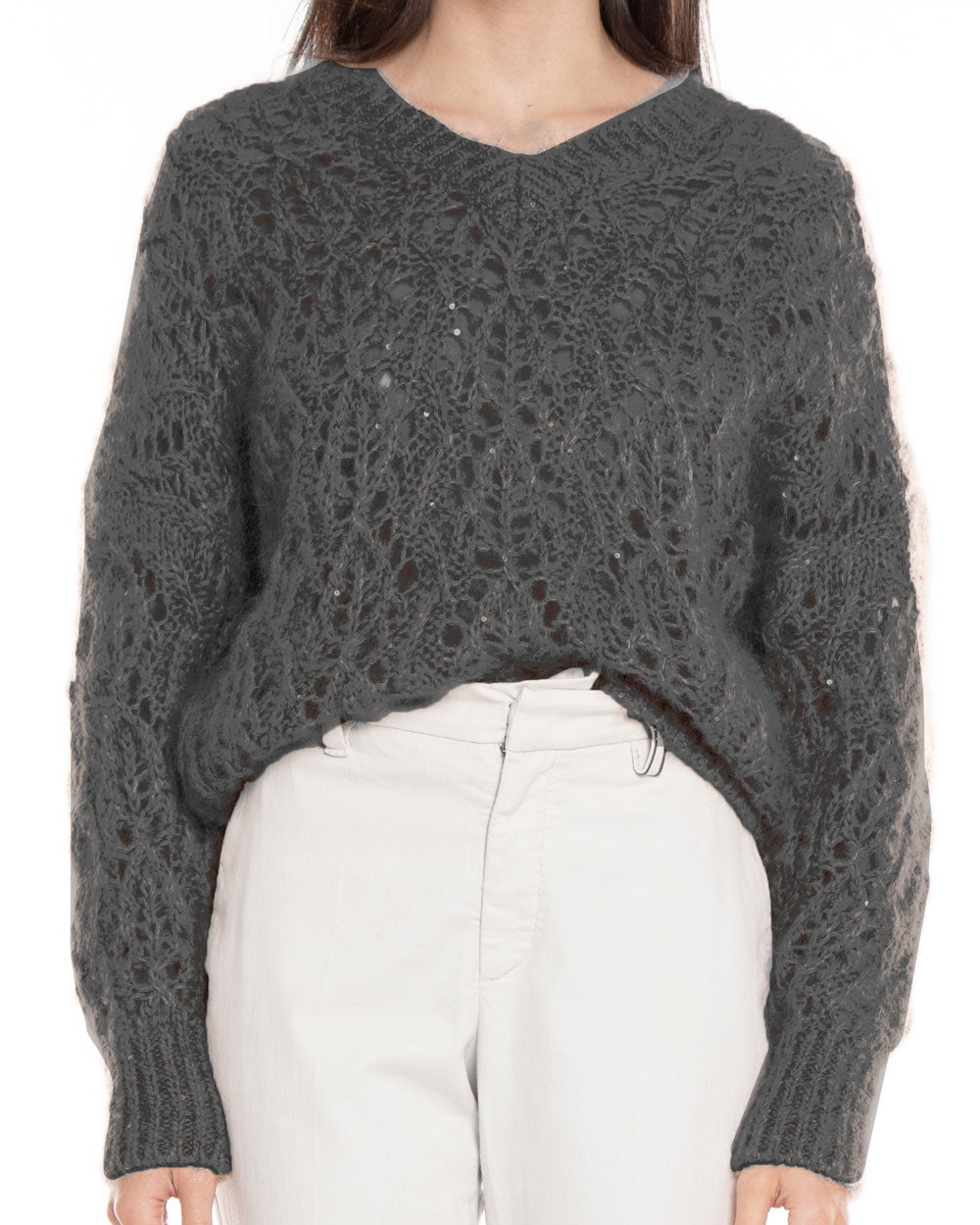Dark Grey Shiny Cashmere Loop V-Neck Sweater