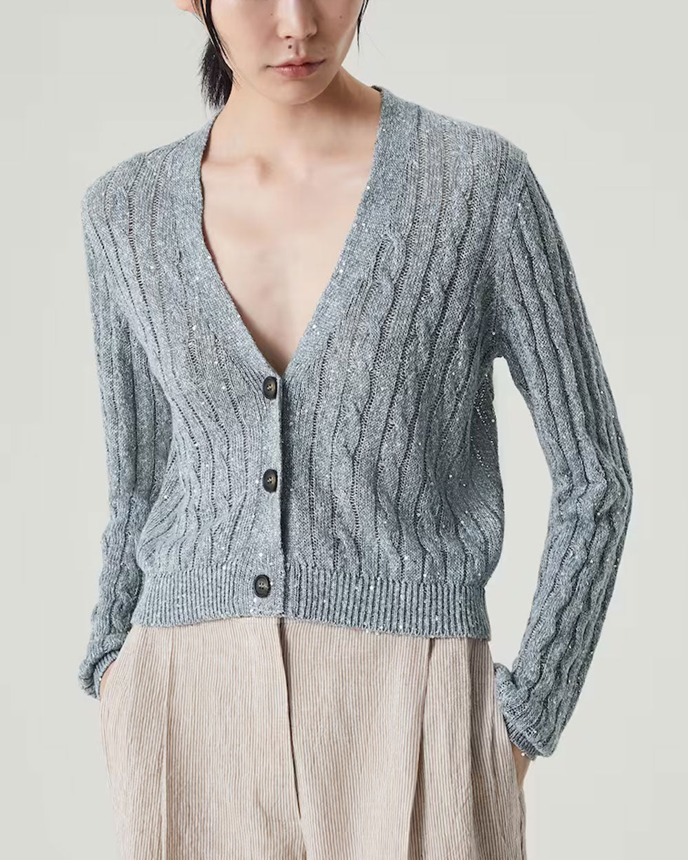 Light Blue Embellished Cable Knit Button Cardigan