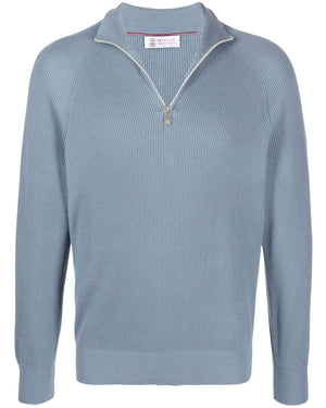 Medium Blue Half Zip Rib Knit Sweater
