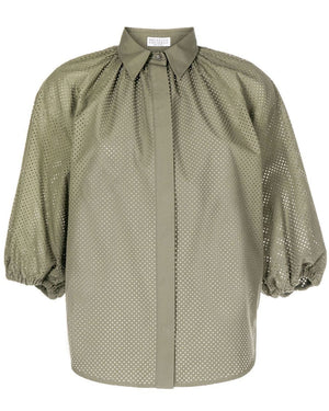 Military Perforated Puff Sleeve Blouse