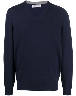 Navy Wool and Cashmere V-Neck Sweater