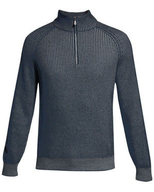 Navy and Grey Ribbed Cashmere Quarter Zip Sweater