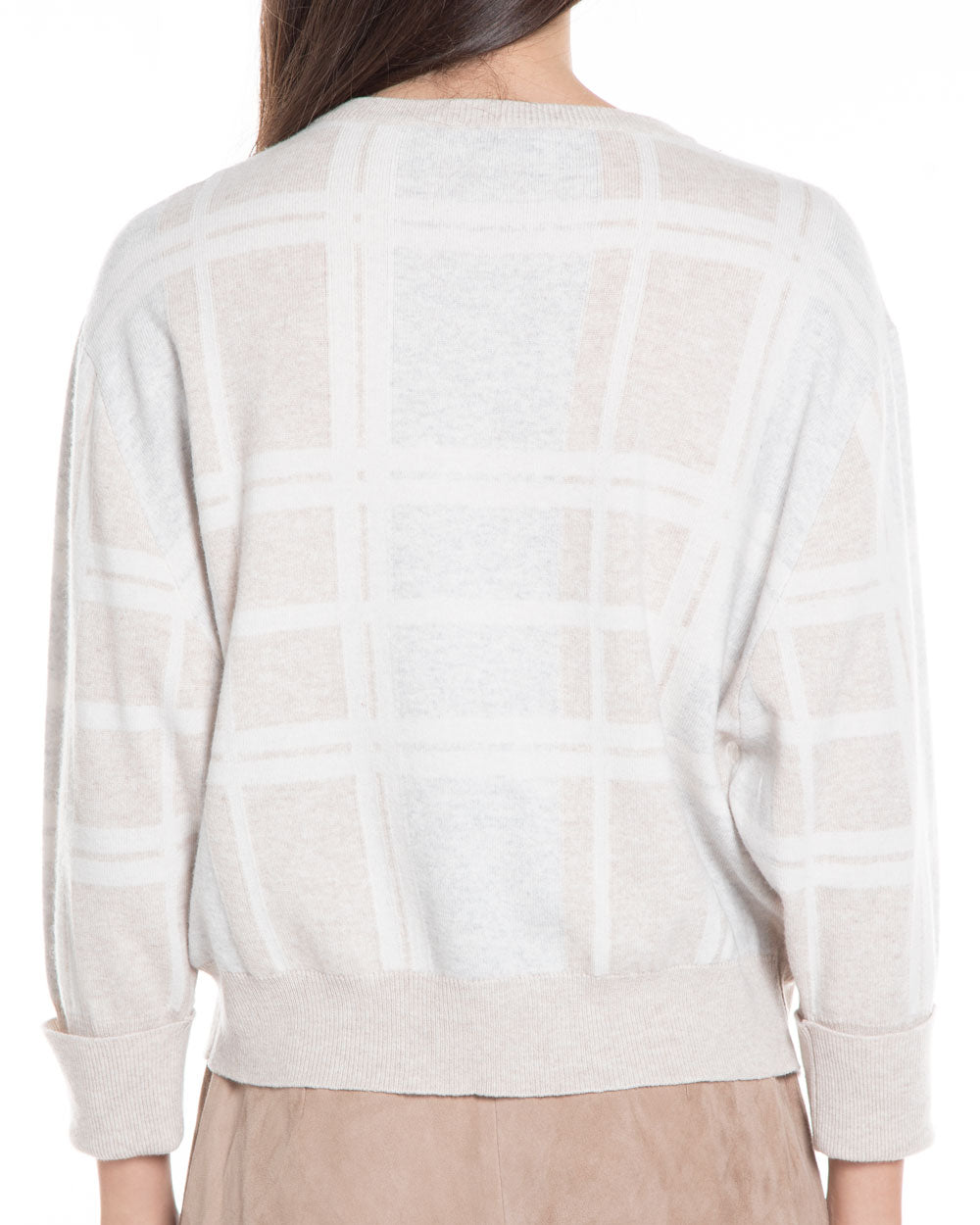 Oyster and Warm White Paillette Plaid Cashmere Blend Sweater
