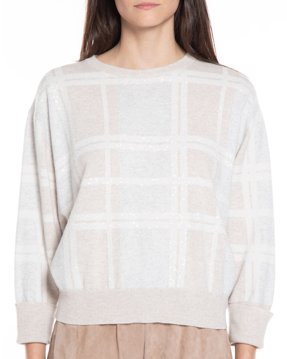 Oyster and Warm White Paillette Plaid Cashmere Blend Sweater