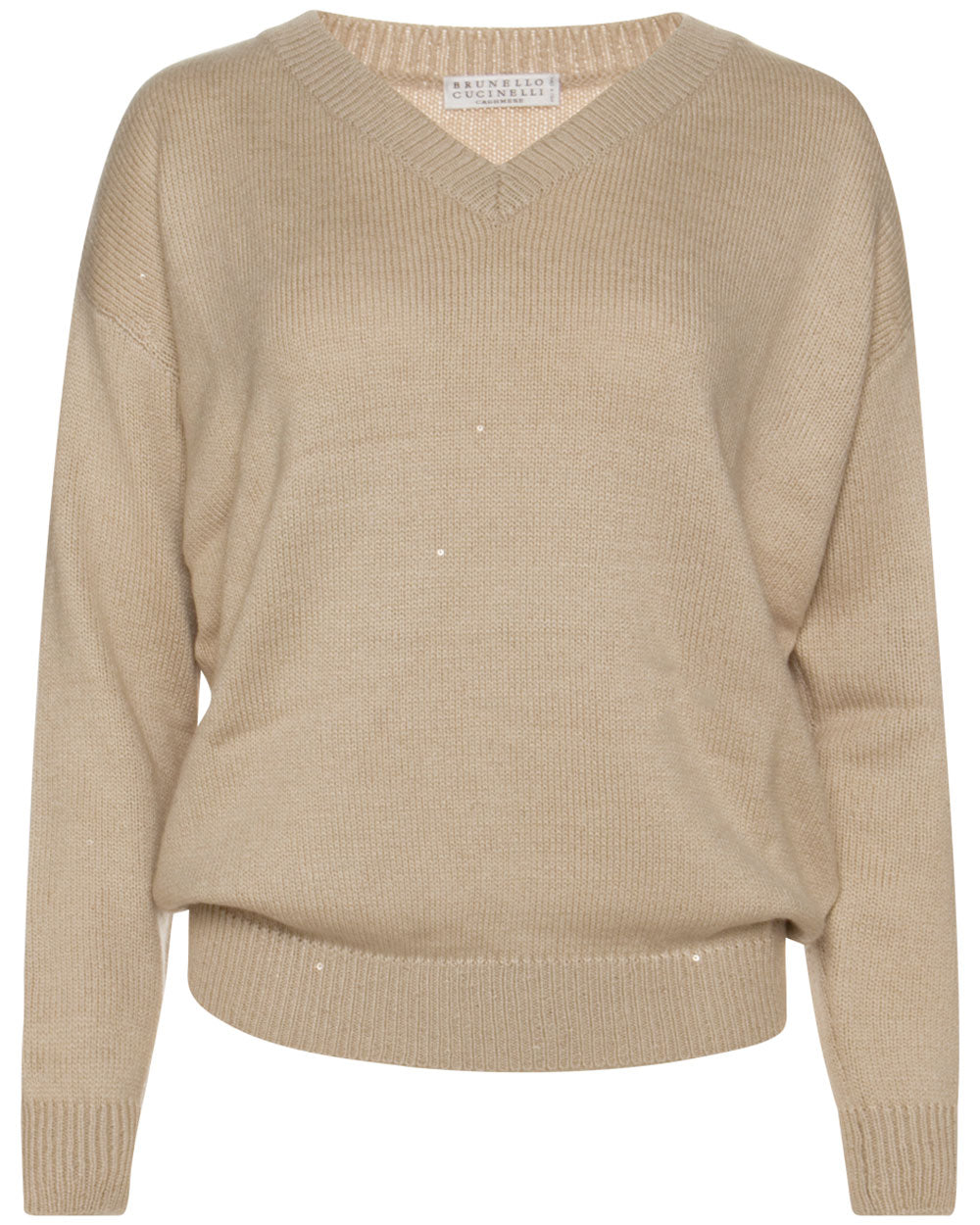 Sand Sequin Embellished V-Neck Cashmere Sweater