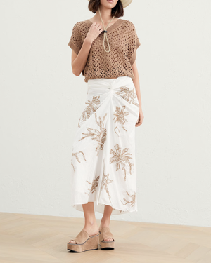 White and Brown Embellished Techno Sarong Skirt
