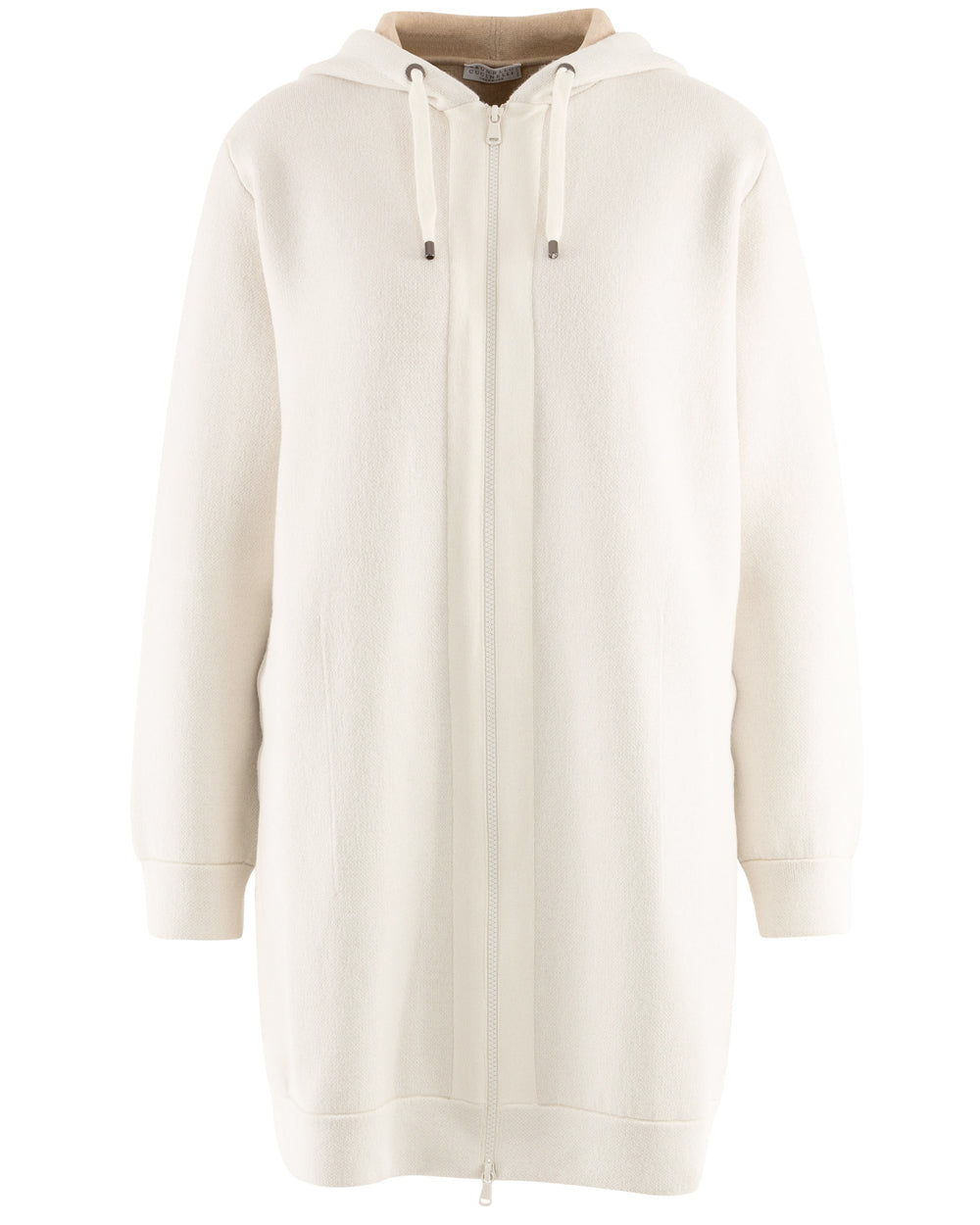 White Double Face Cashmere Zip Up Hooded Cardigan