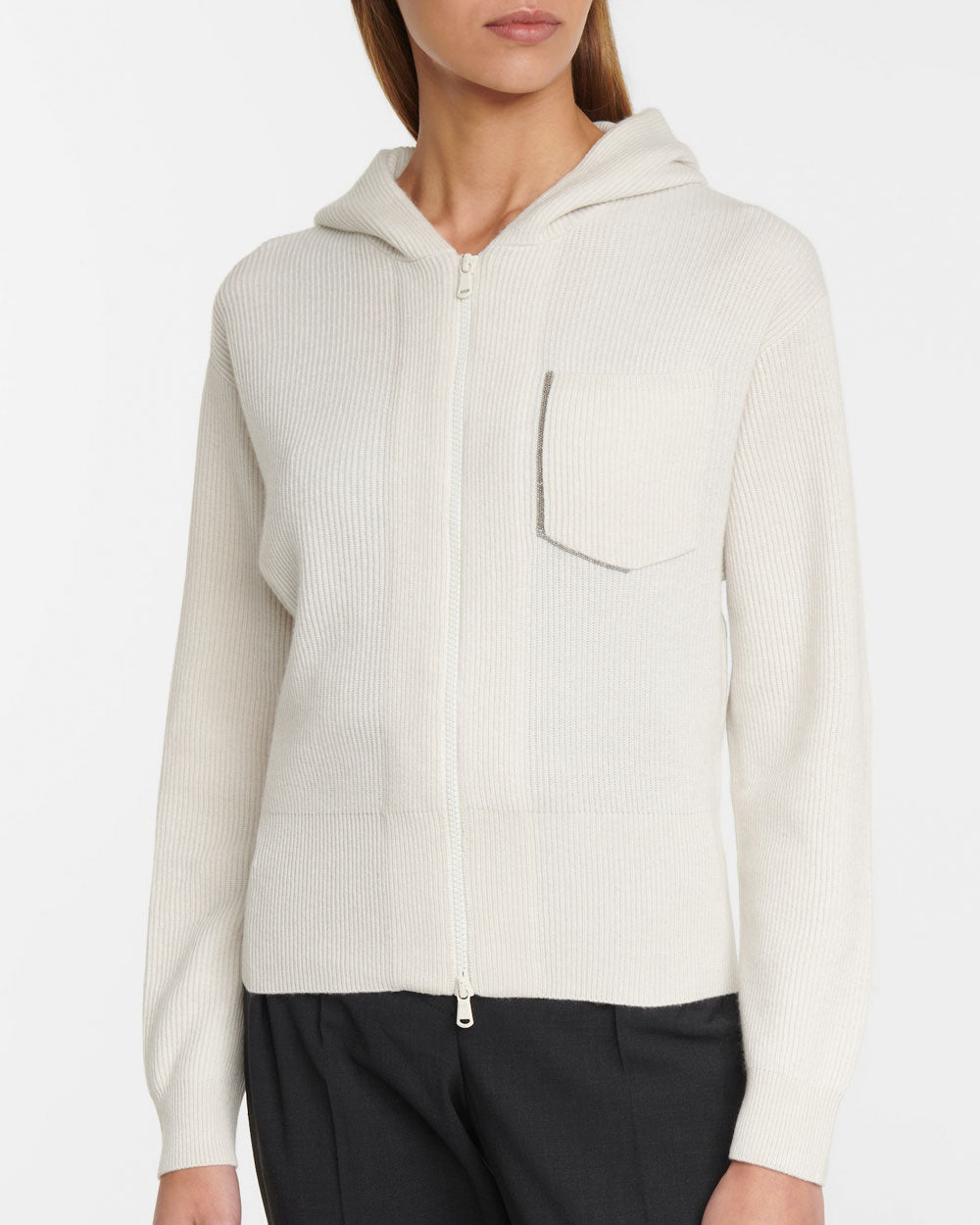 White Ribbed Cashmere Hoodie