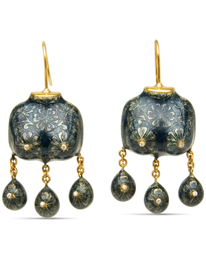 22k Yellow Gold Denim Blue Enamel Victorian Goddess Earrings