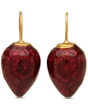 22k Yellow Gold Scrolled Crimson Enamel Flower Drop Earrings