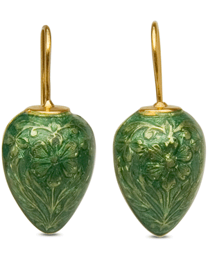 22k Yellow Gold Scrolled Green Enamel Flower Drop Earrings