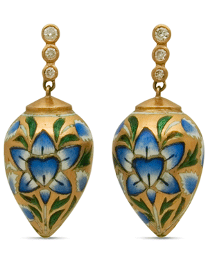 22k Yellow Gold Painted Floral Diamond Drop Earrings