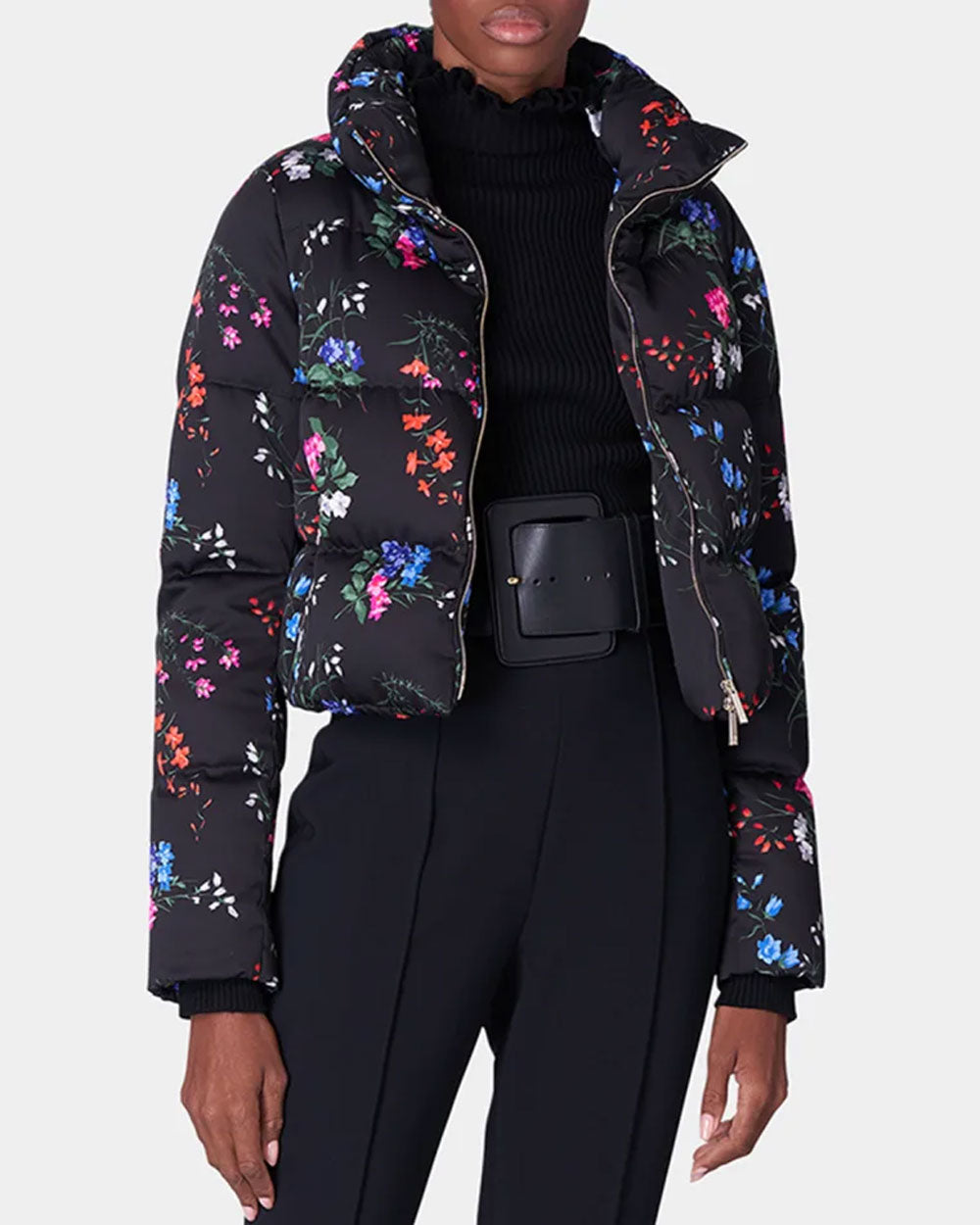 Black Floral Cropped Puffer Coat