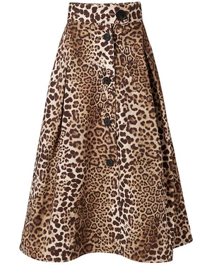 Leopard Print A-Line Button Front Midi Skirt