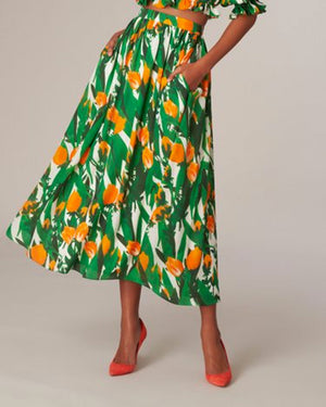 Green and Marigold Tulip Printed Midi Skirt