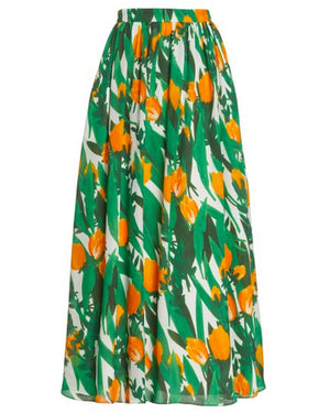 Green and Marigold Tulip Printed Midi Skirt