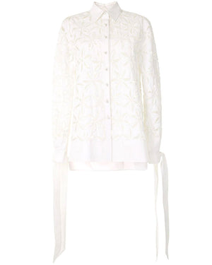 White Floral Cut Out Tie Sleeve Blouse