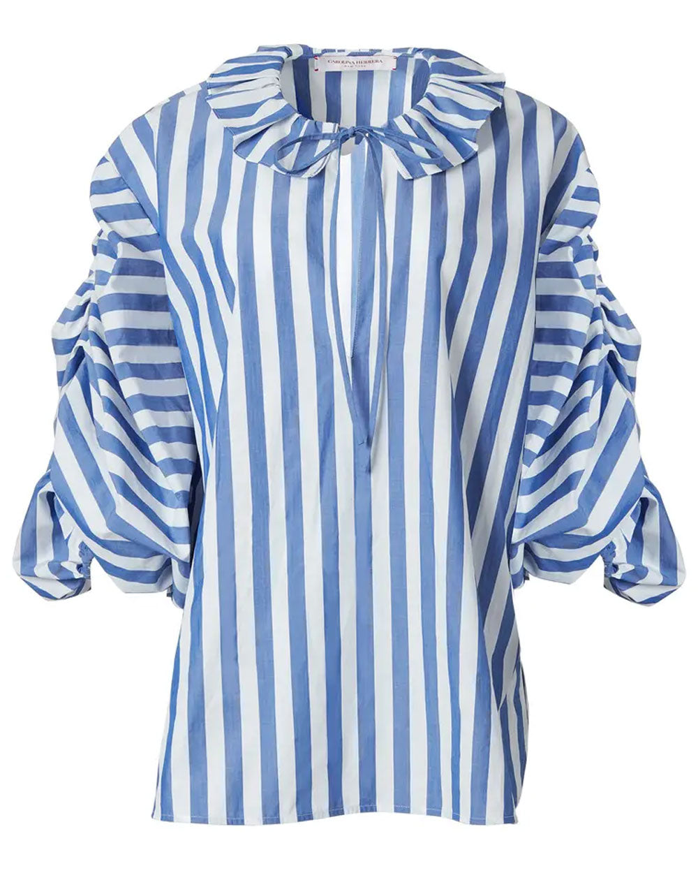 White and Blue Stripe Ruched Puff Sleeve Blouse