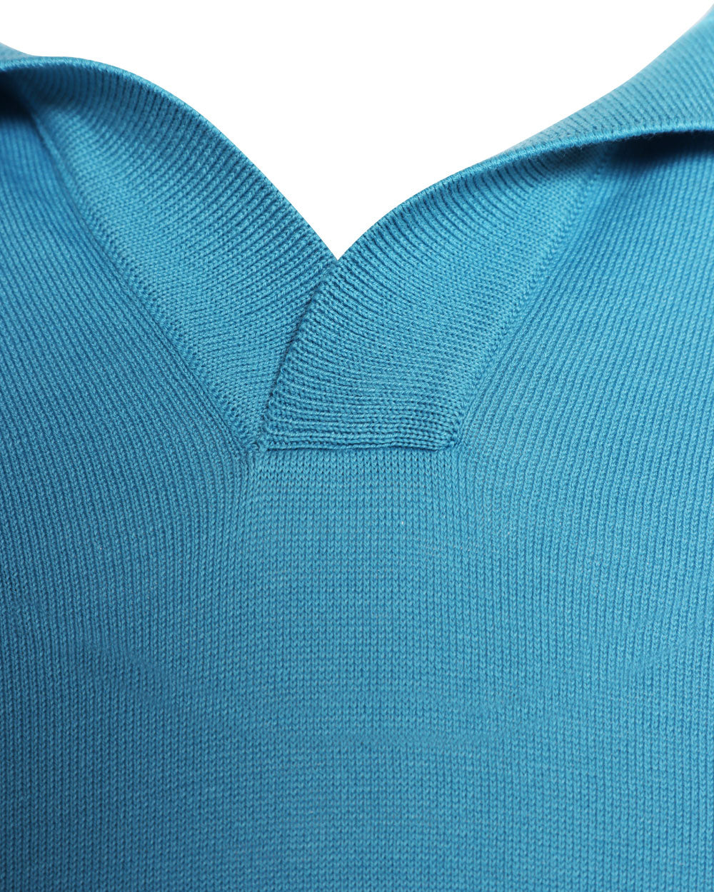 Light Turquoise Cotton Short Sleeve Johnny Collar Polo