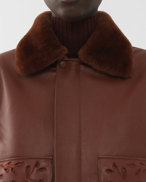 Intense Brown Fur Collar Leather Bomber Jacket