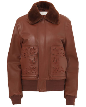 Intense Brown Fur Collar Leather Bomber Jacket