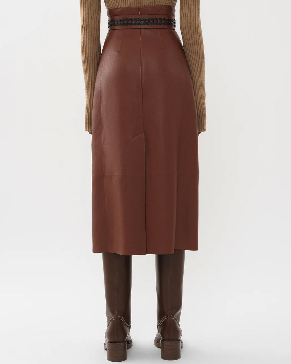 Intense Brown Leather Midi Skirt