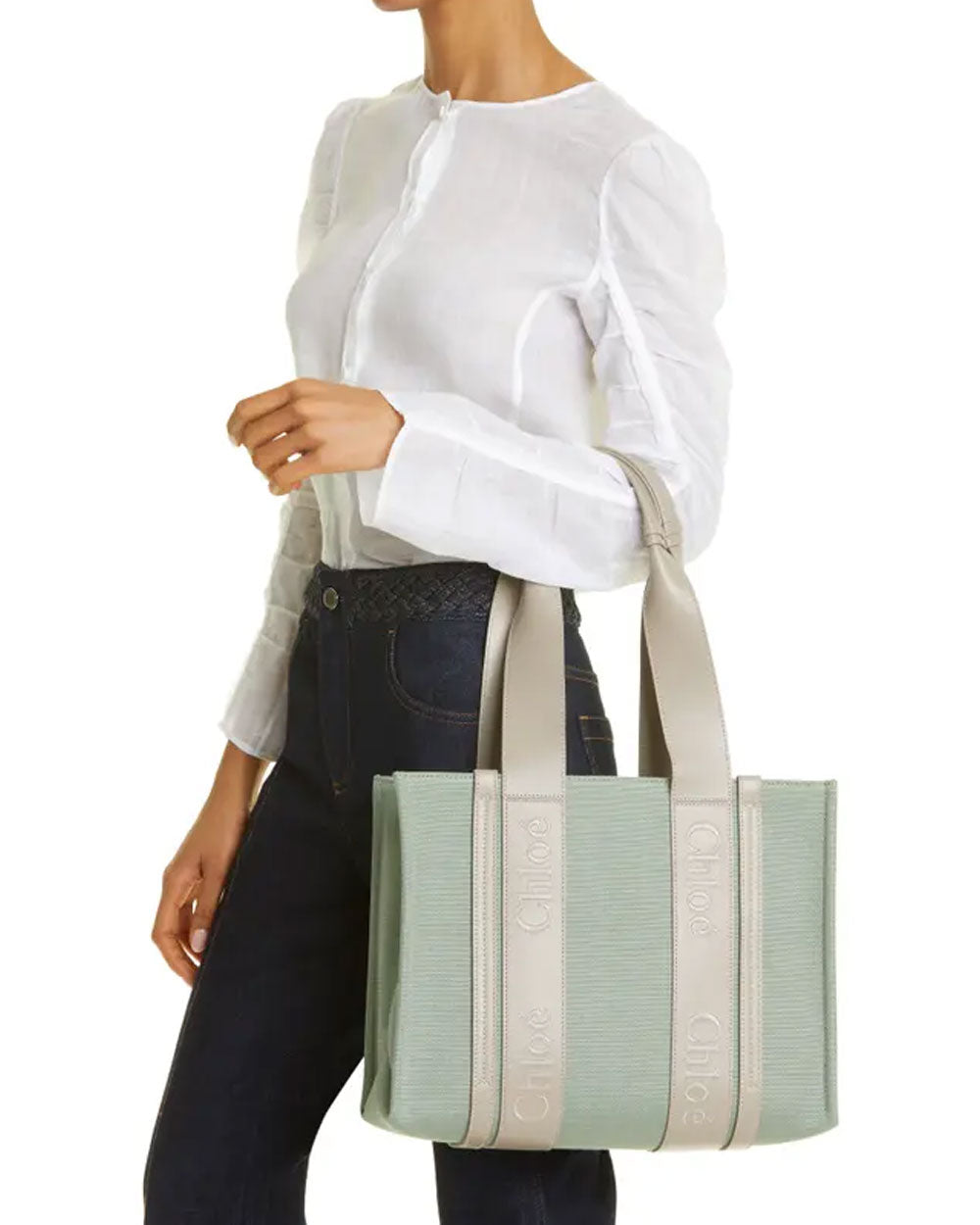 Medium Woody Linen and Leather Tote in Faded Green