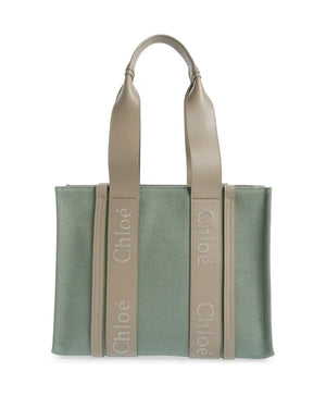 Medium Woody Linen and Leather Tote in Faded Green