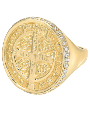 Yellow Gold Pave Diamond St. Benedict Signet Ring