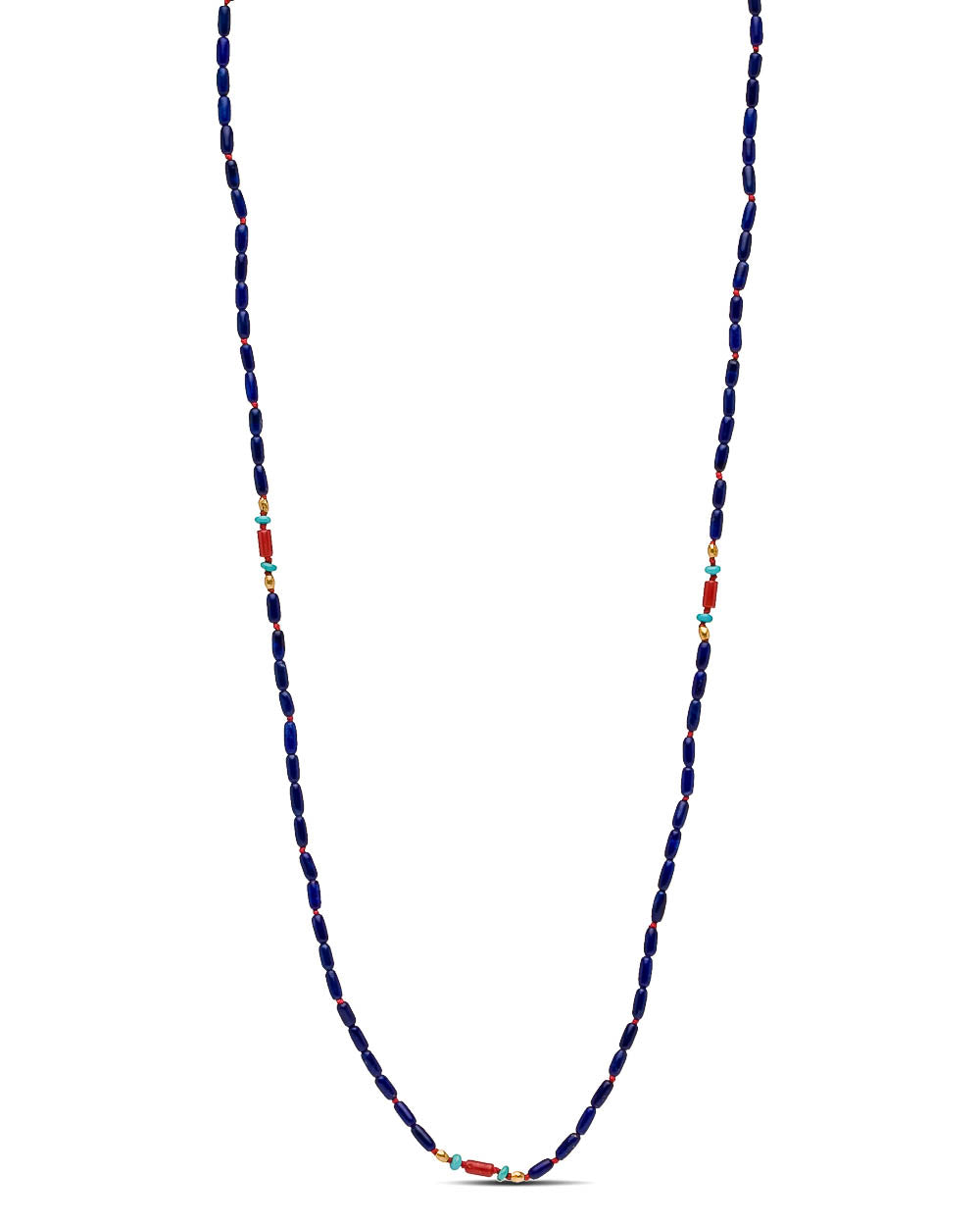 Lapis Coral and Turquoise Tube Bead Long Necklace