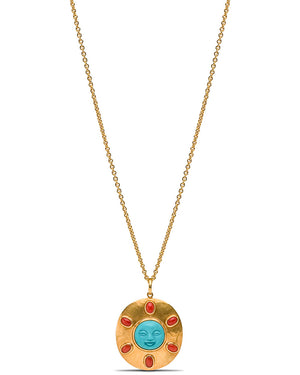 Red Coral and Turquoise Moonface Pendant Necklace