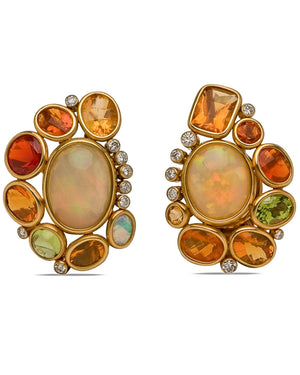 Yellow Gold Fire Opal and Peridot Button Earrings