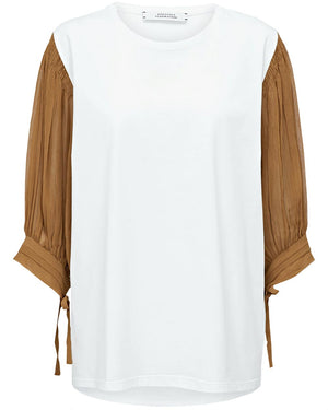 White and Caramel Pleated Sleeve Top