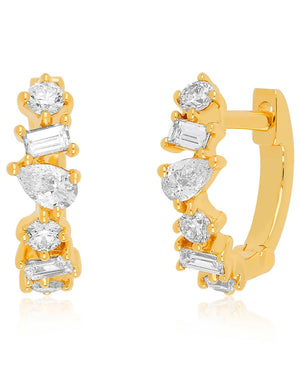Yellow Gold Multi Faceted Diamond Mini Huggie Earrings