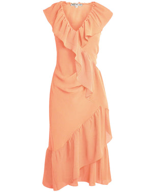 Pink Peony Crinkle Orbit Sleeveless Ruffle Midi Wrap Dress