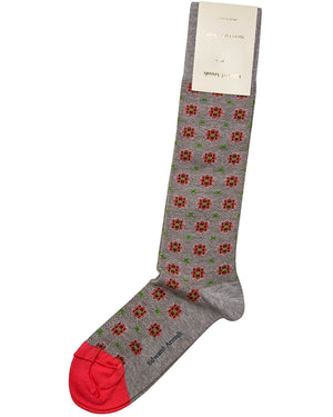 Grey and Coral Medallion Over the Calf Sock