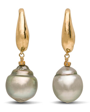 Yellow Gold Grey South Sea Pearl Drop Earrings