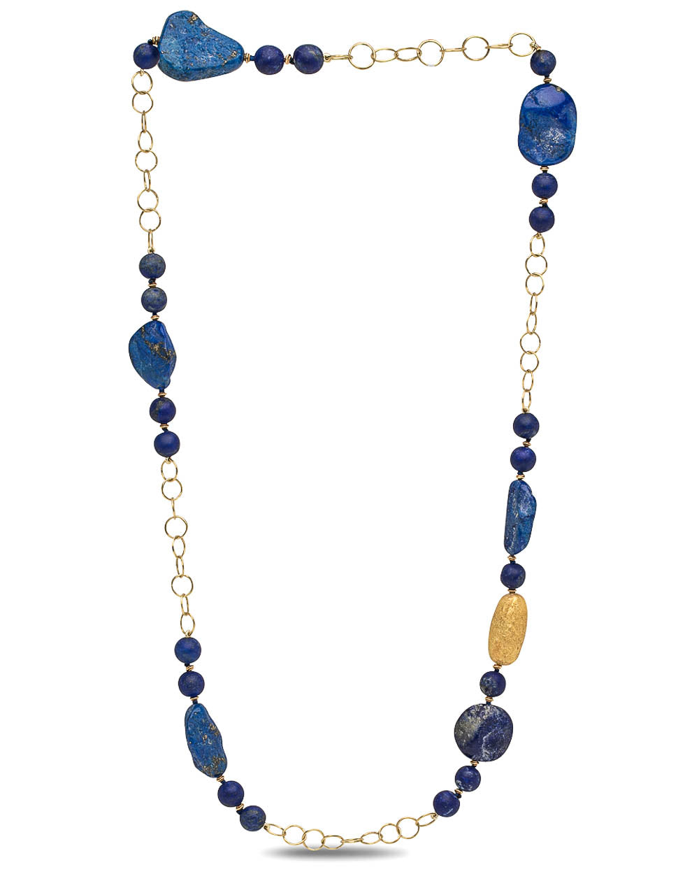 Yellow Gold Lapis Lazuli Beaded Link Necklace