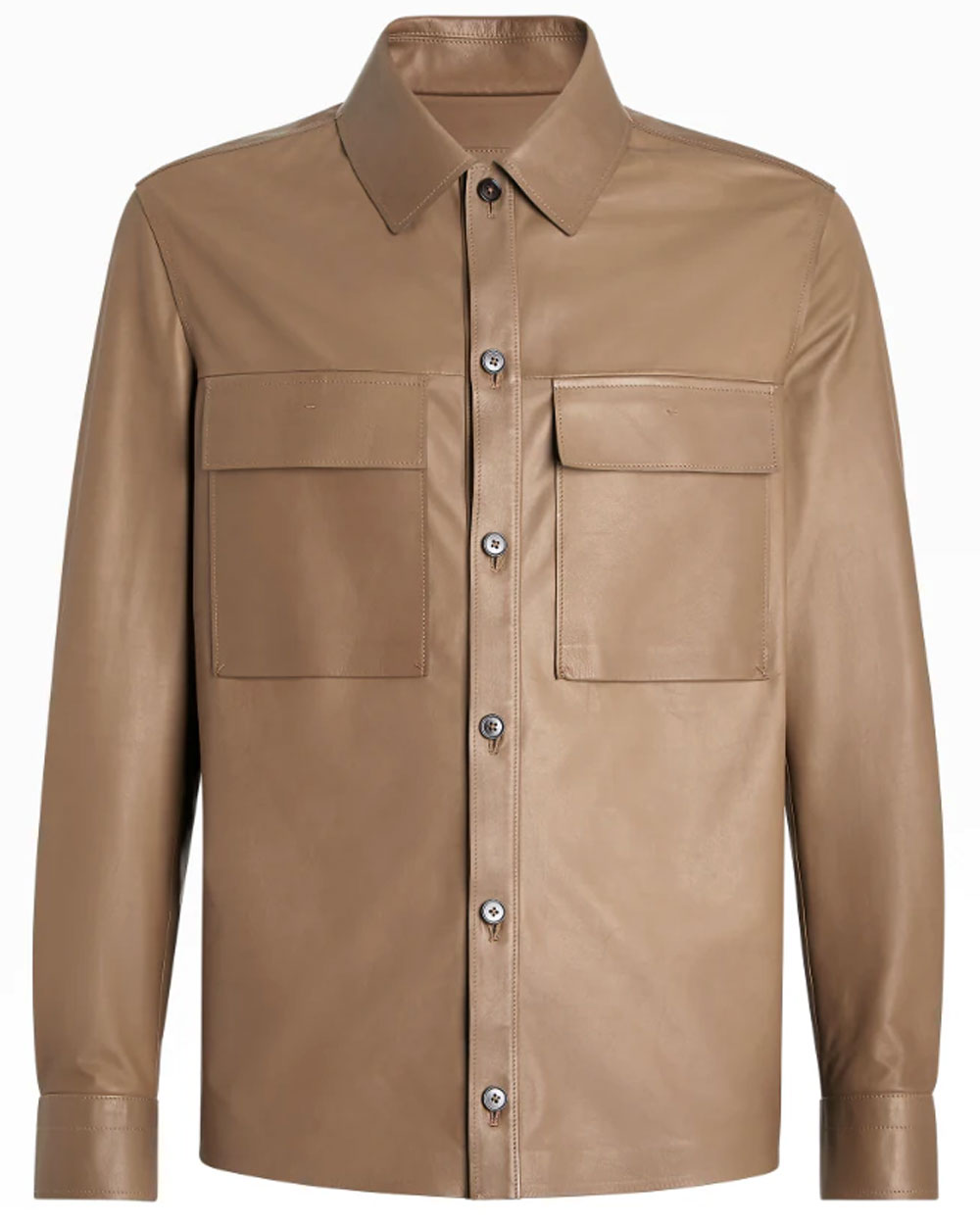 Light Calfskin Nappa Leather Overshirt in Khaki