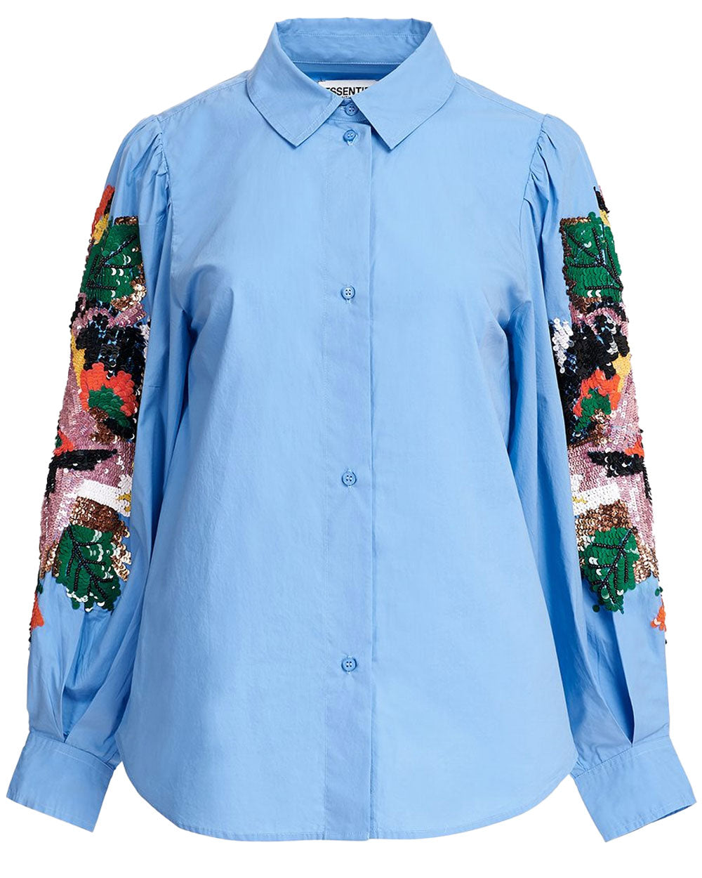 Cool Blue Embellished Carnet Puff Sleeve Shirt