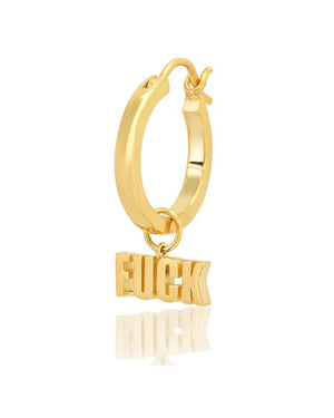 14k Yellow Gold “F” Word Charm Single Hoop Earring