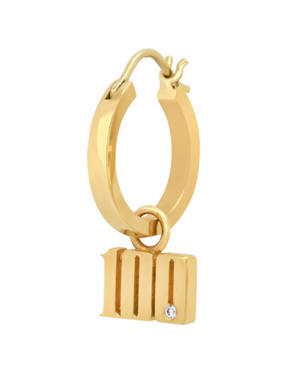 18k Yellow Gold 100 Charm with Diamond Single Hoop Earring