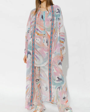 Beige Butterfly Silk Print Embroidered Long Cardigan