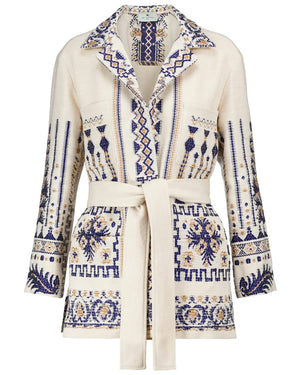 Blue and White Bohemian Print Wool Blend Jacket
