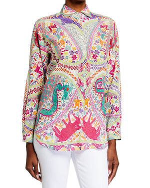 Multicolor Dragon Camicia Print Silk Blouse