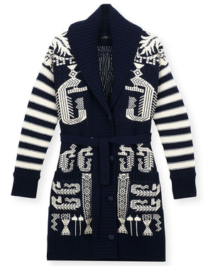 Navy and White Intarsia Belted Cardigan