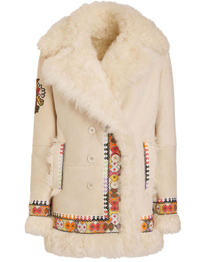 White Embroidered Artemis Shearling Coat