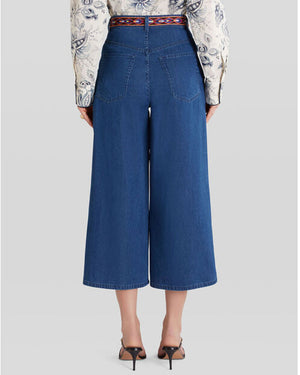 Wide Leg Crop Silk Panel Jean in Blue Comet