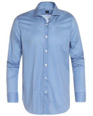 Blue and White Multi Striped Cotton Blend Sportshirt